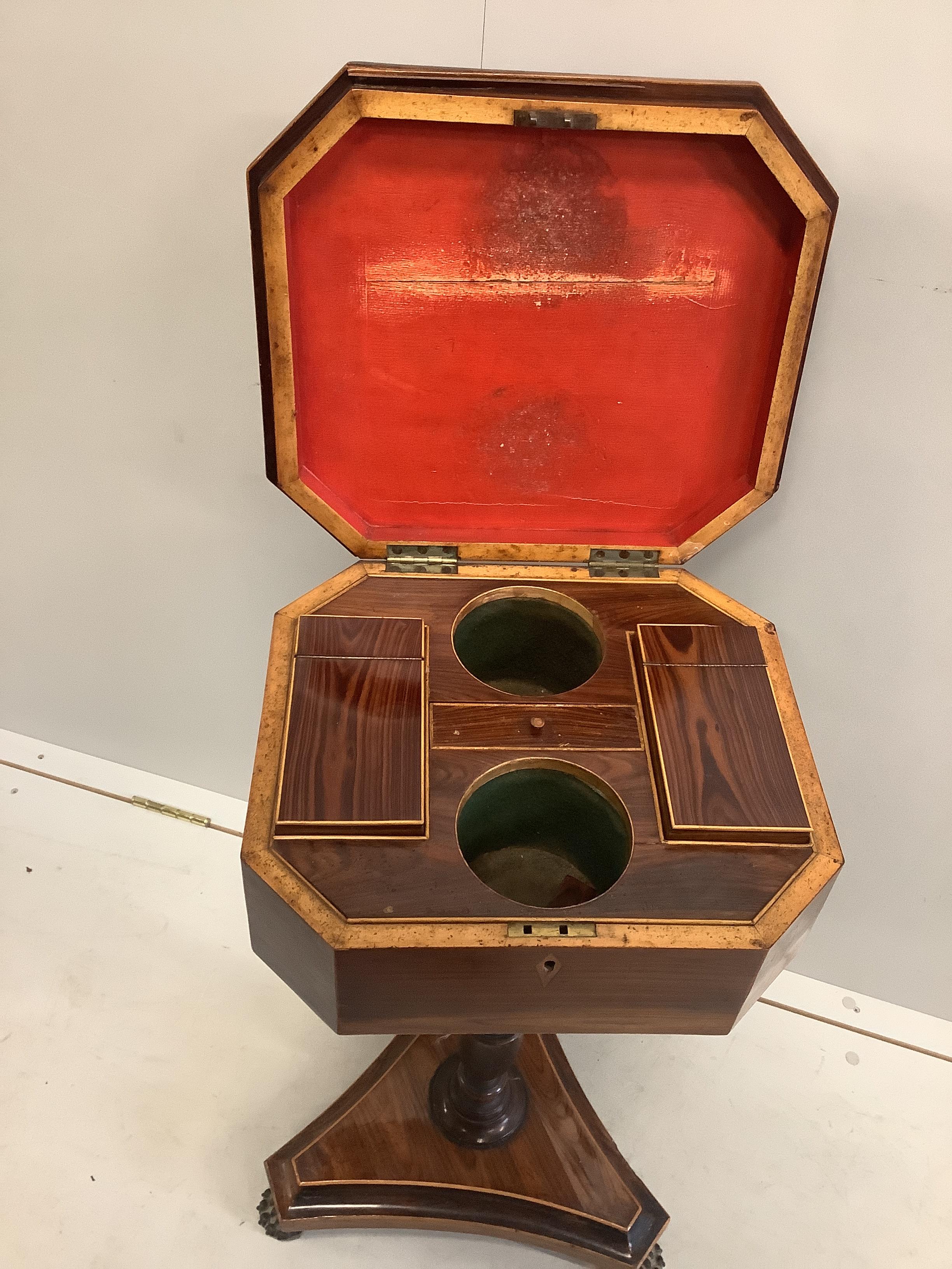 An early 19th century parquetry inlaid octagonal rosewood teapoy, width 38cm, depth 34cm, height 73cm